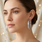 Sterling Silver Rhodium Plated Textured Fancy Hoop Earrings - Model Shot