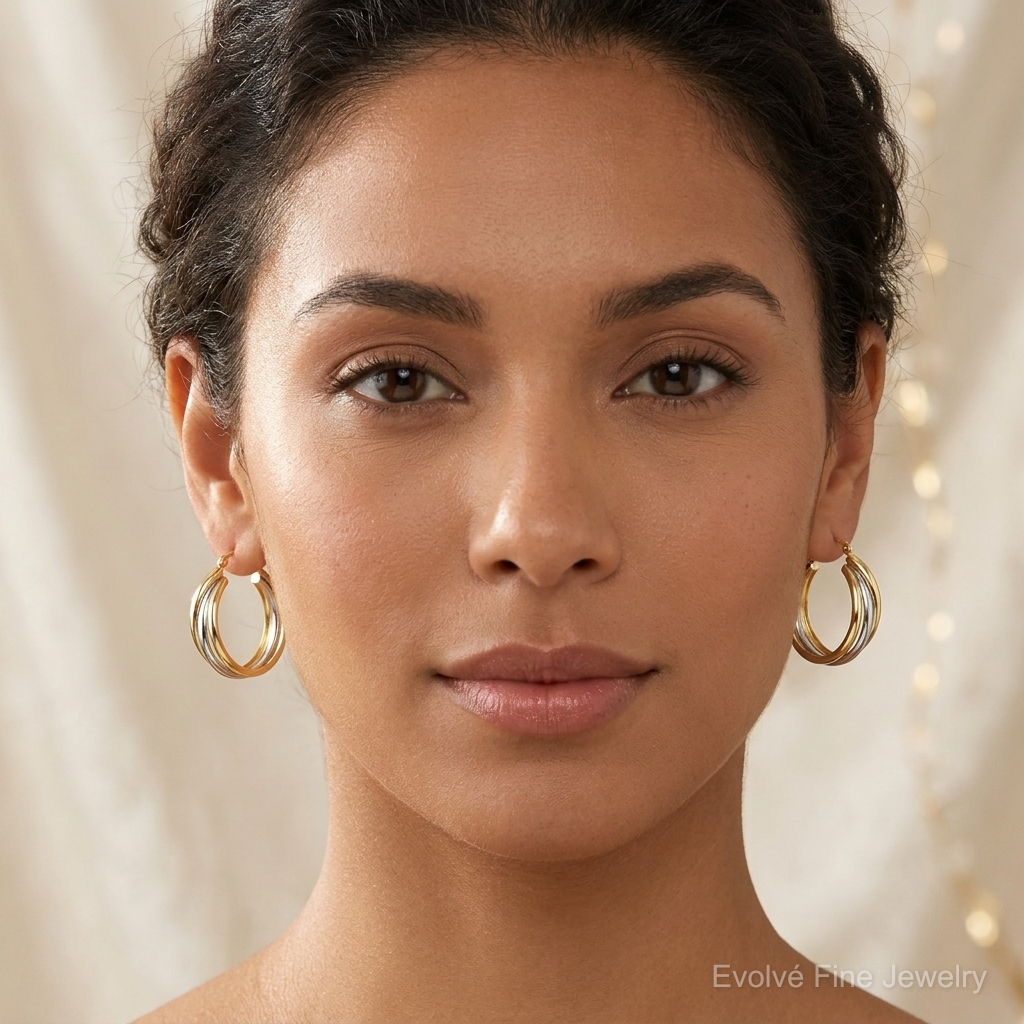 Sterling Silver Rhodium-plated Vermeil Triple Hoop Earrings - Model Shot