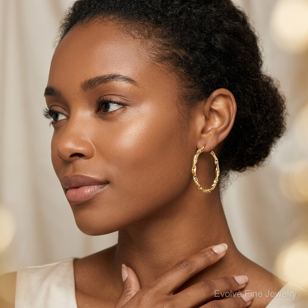 Sterling Silver Gold-plated 3x30mm Diamond-cut Twisted Hoop Earrings - Model Shot