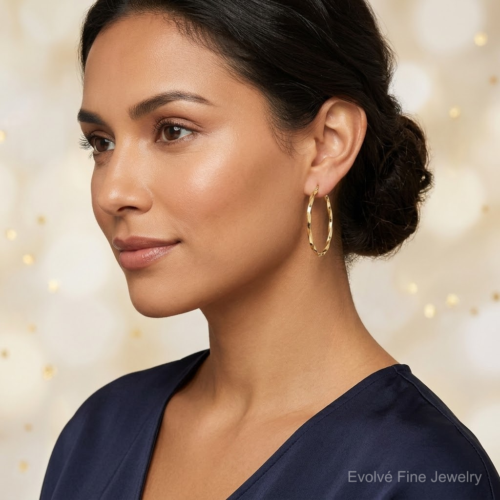 Sterling Silver Gold-plated Twisted 4mm Oval Hoop Earrings - Model Shot