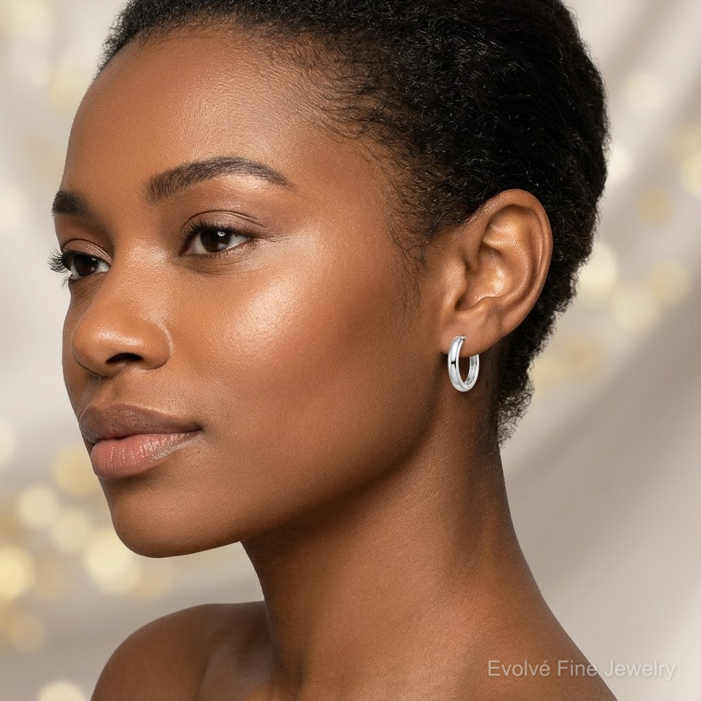 Sterling Silver Rhodium Polished Hinged Hoop Earrings - Model Shot