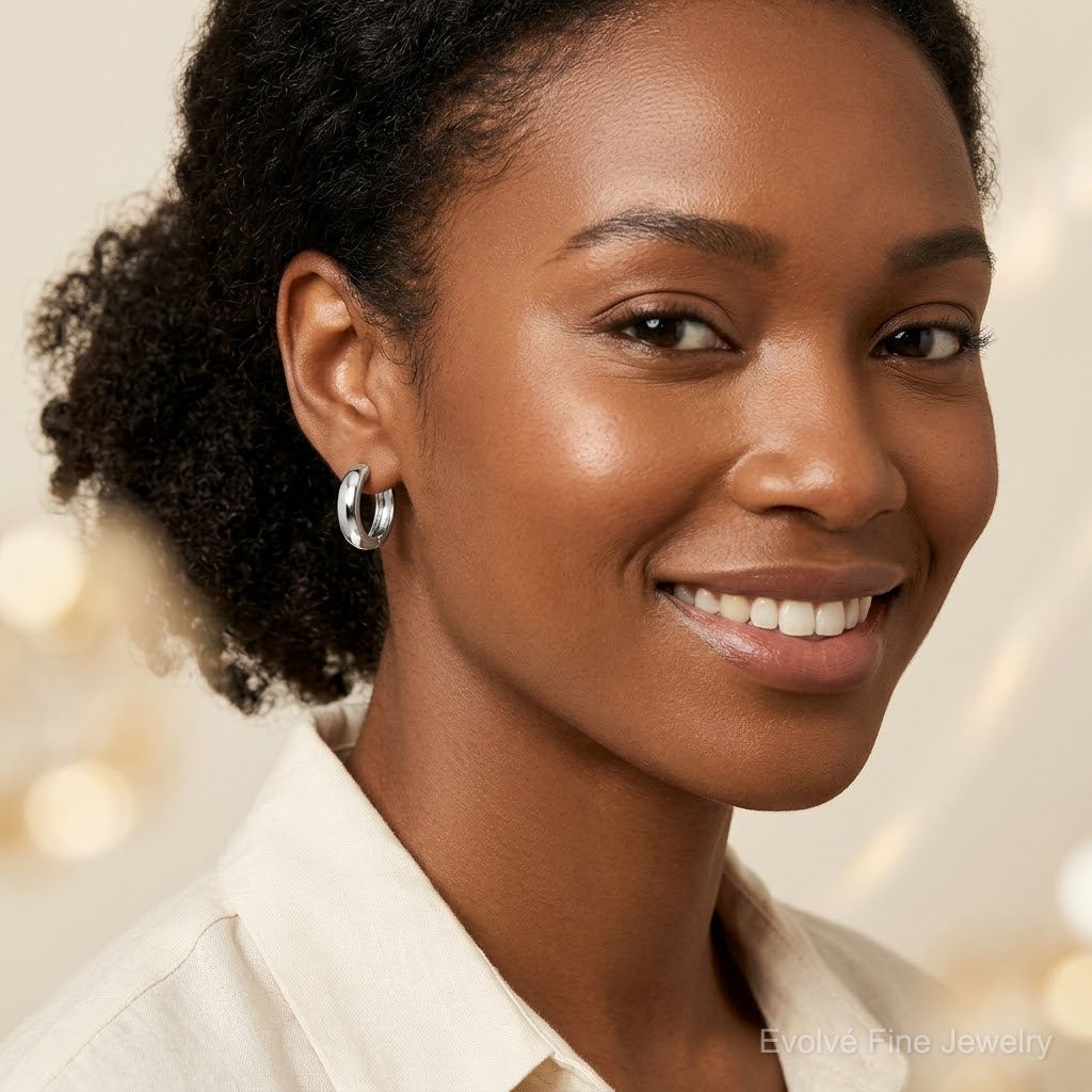 Sterling Silver Rhodium Polished Hinged Hoop Earrings - Model Shot