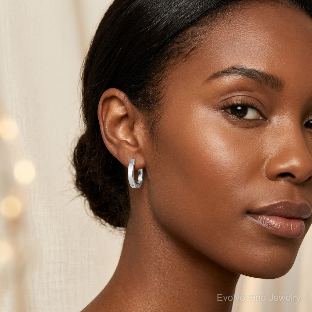 Sterling Silver Rhodium Polished Hinged Hoop Earrings - Model Shot
