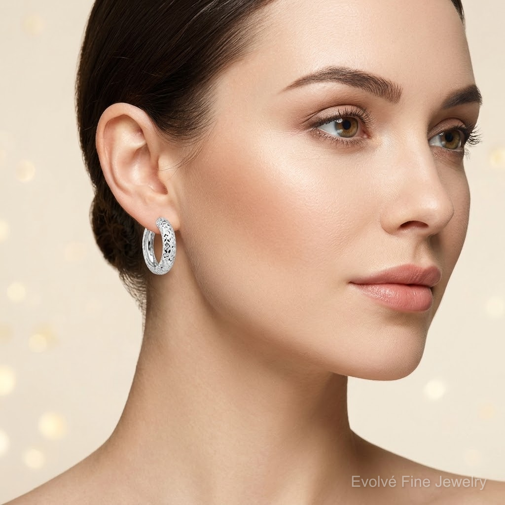Sterling Silver Rhodium Polished Diamond Cut Hoop Earrings - Model Shot
