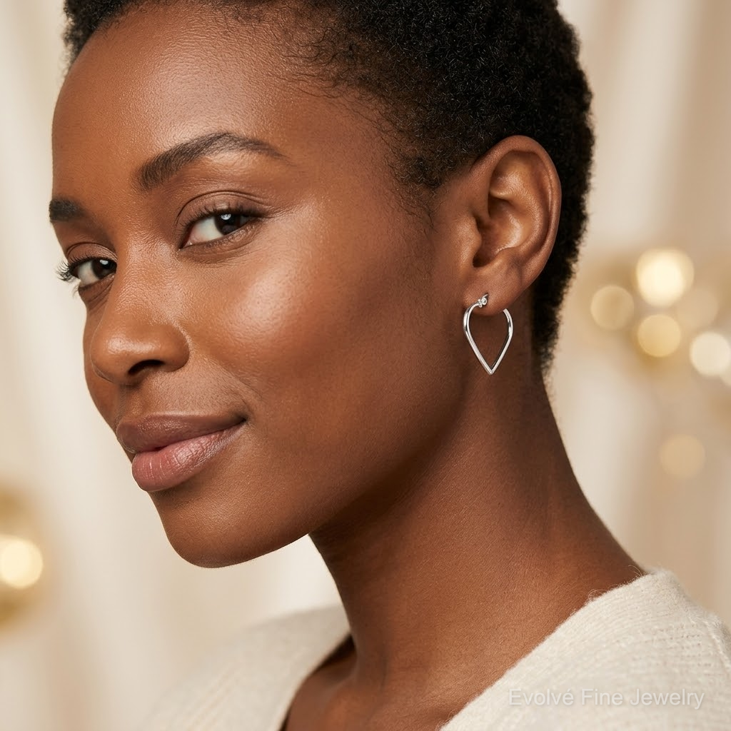 Sterling Silver Rhodium Plated Heart Hoop Earrings - Model Shot