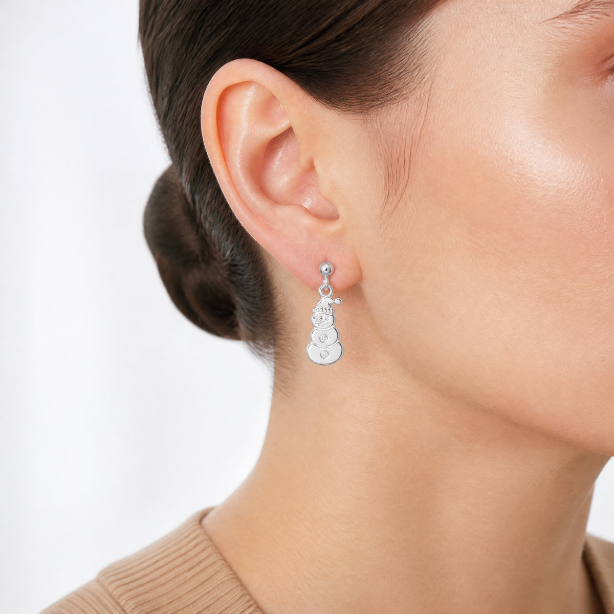 Sterling Silver Polished Snowmen Post Dangle Earrings - Model Shot