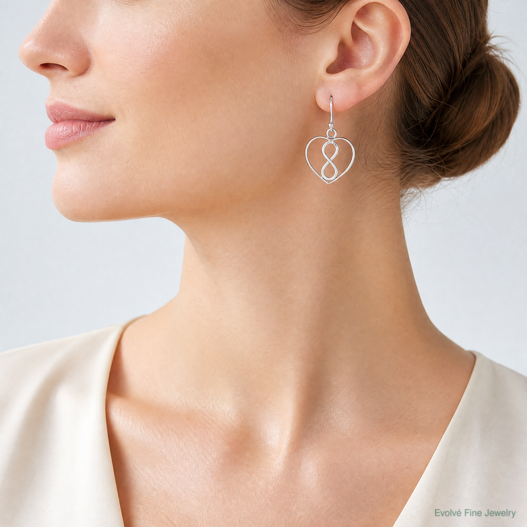 Sterling Silver Rhodium-plated Polished Infinity Open Heart Dangle Earrings - Model Shot