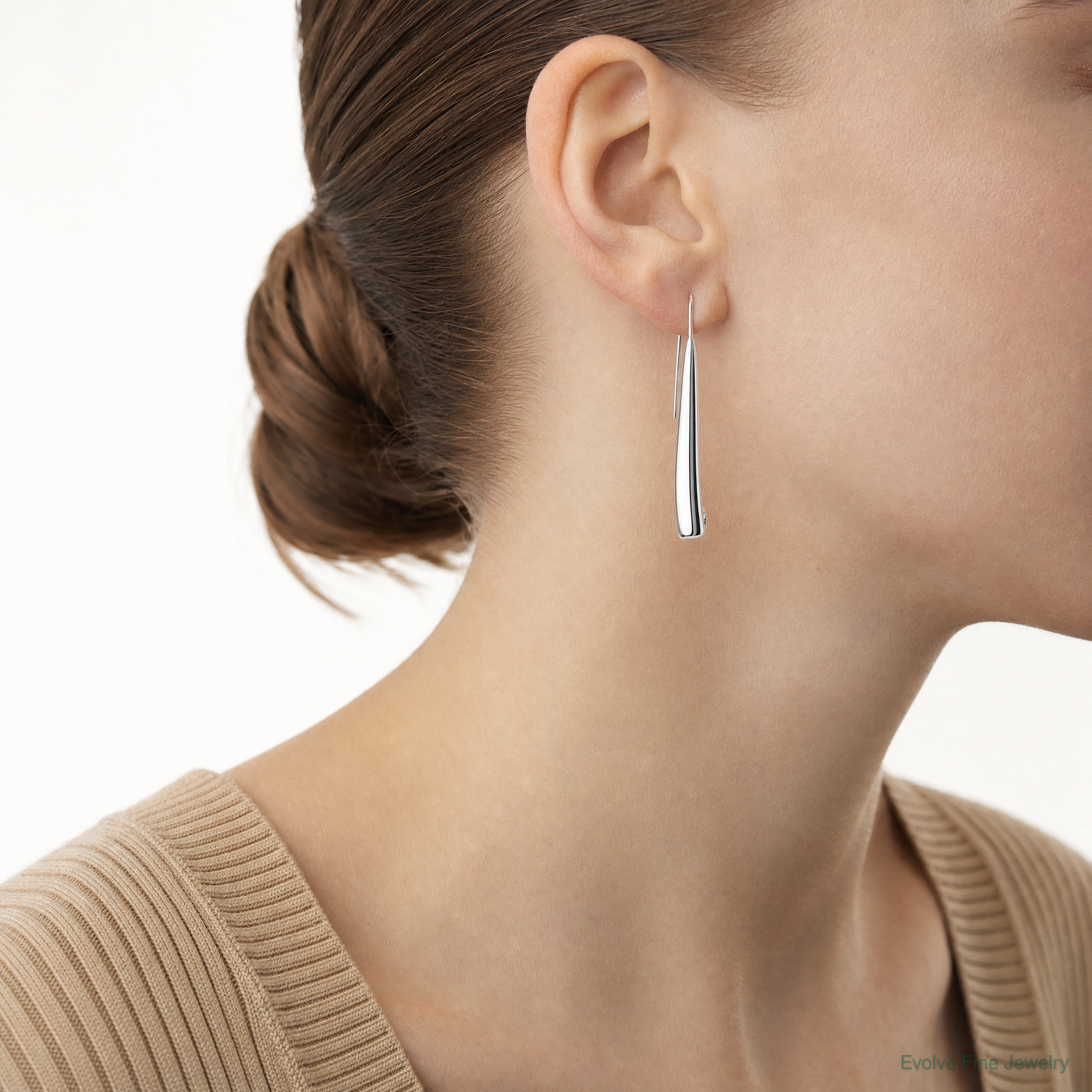 Sterling Silver Polished Rhodium Plated Fancy Bar Thread Earrings - Model Shot