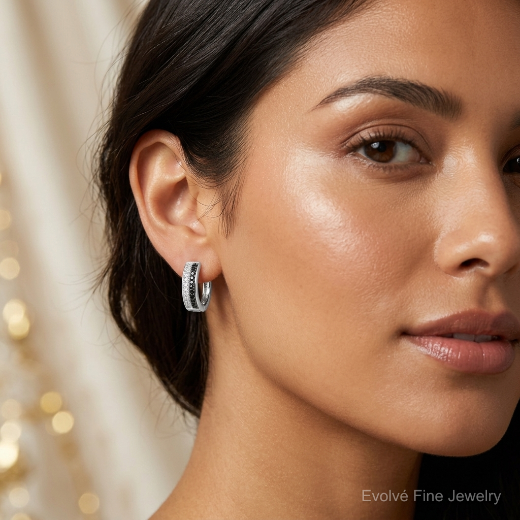 Sterling Silver RH-plated Black & White CZ Hinged Round Hoop Earrings - Model Shot