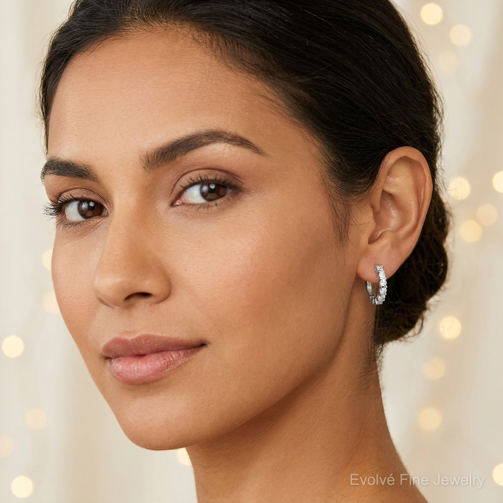 Sterling Silver Rhodium-plated CZ Hinged Earrings - Model Shot