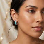 Sterling Silver RH-plated Polished Blue Created Opal Inlay J-Hoop Earrings - Model Shot
