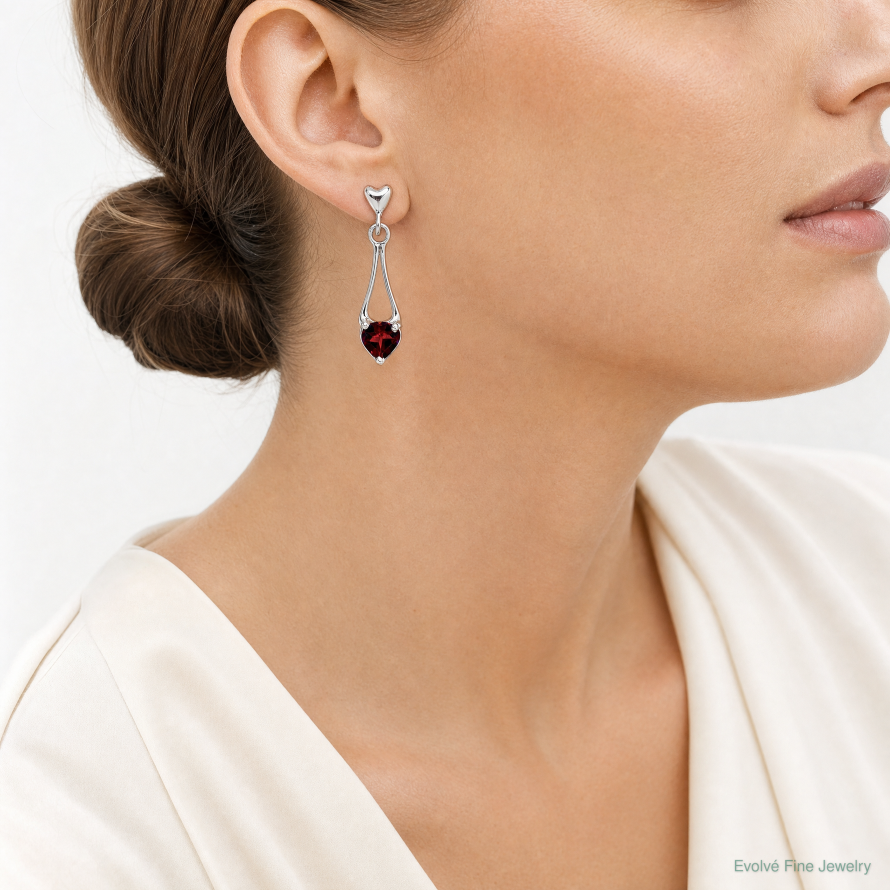 Sterling Silver Rhodium-plated Polished Garnet Heart Post Dangle Earrings - Model Shot