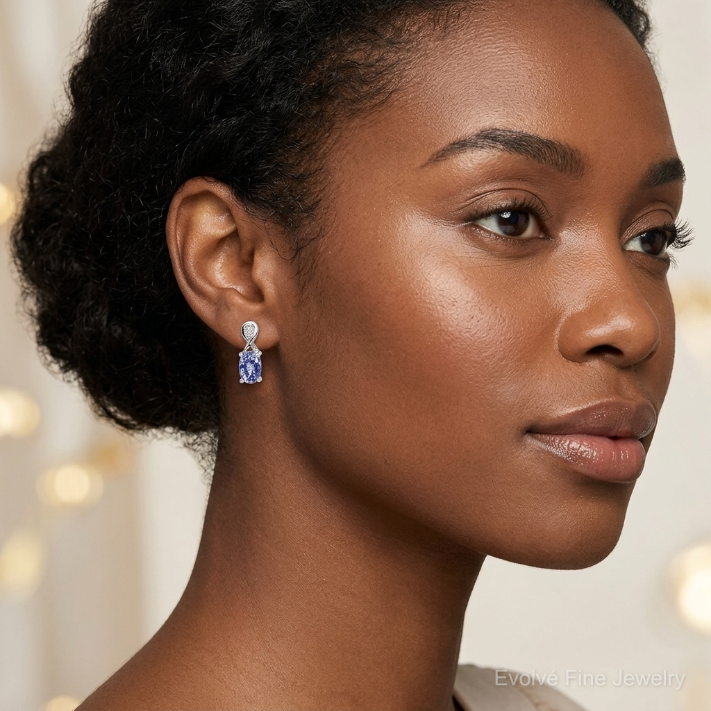 Sterling Silver Rhodium Plated Diamond & Tanzanite Oval Post Earrings - Model Shot