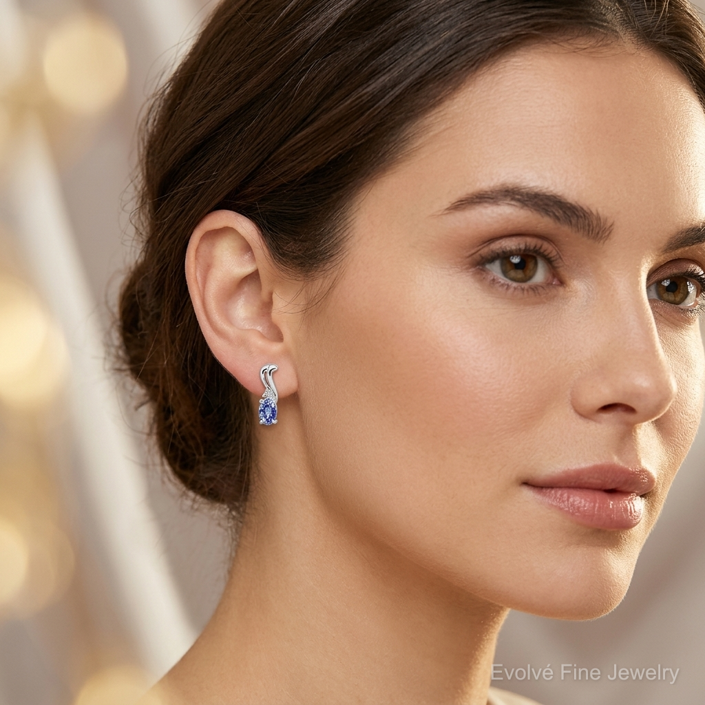 Sterling Silver Rhodium Plated Diamond & Tanzanite Oval Post Earrings - Model Shot