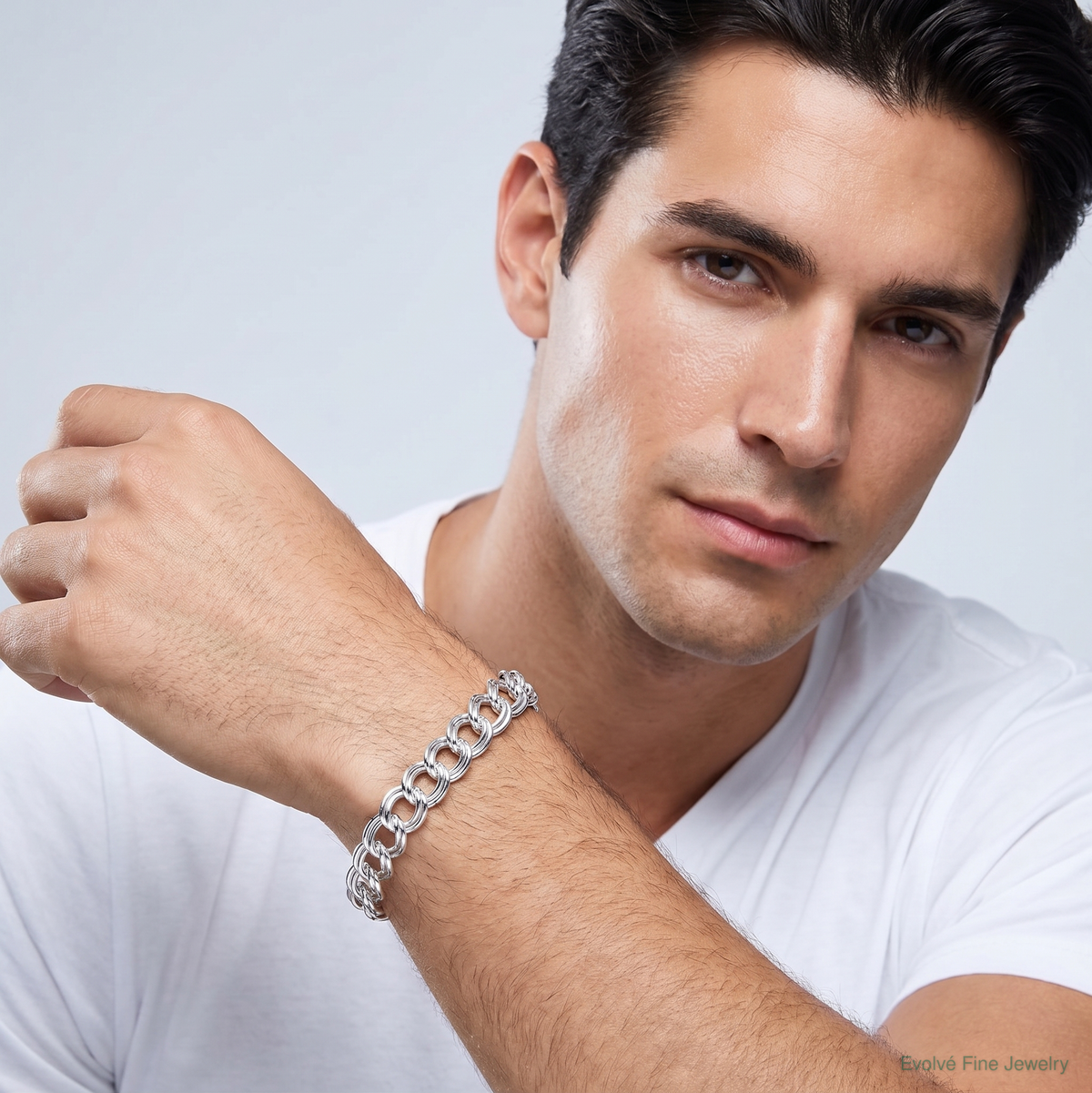 Sterling Silver 7.75mm Solid Double Link Charm Bracelet - Model Shot