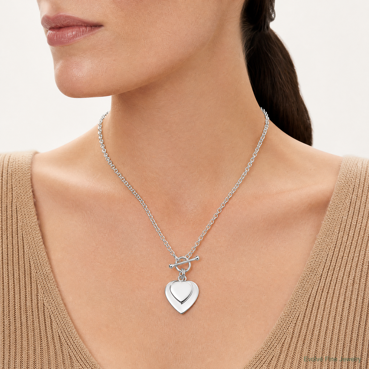 Sterling Silver Engraveable Double Heart Toggle Necklace - Model Shot