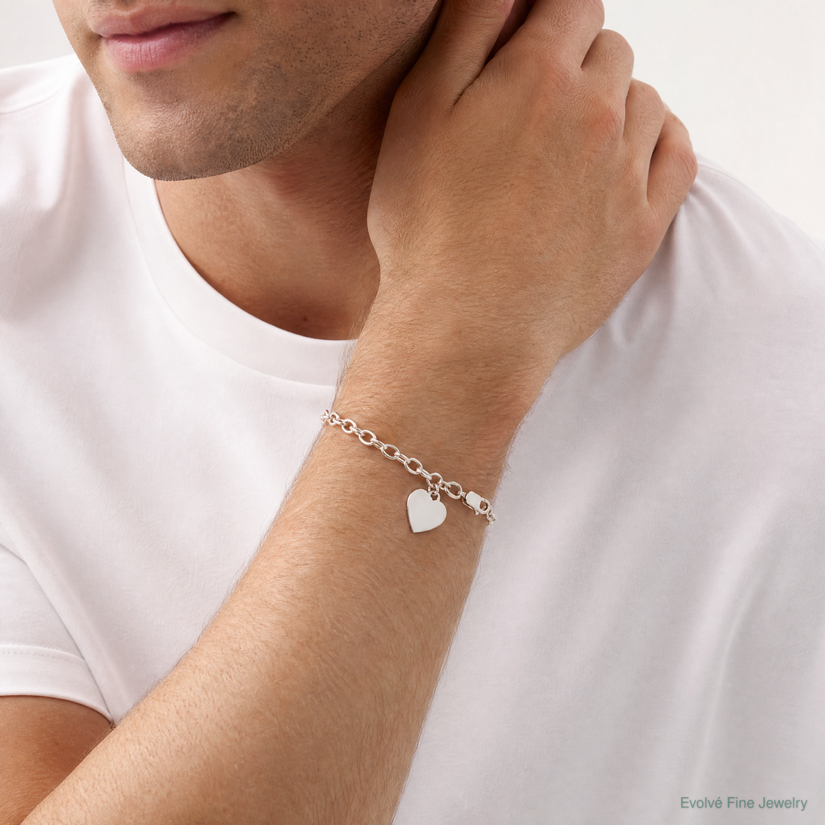 Sterling Silver Engraveable Heart Fancy Link Bracelet - Model Shot