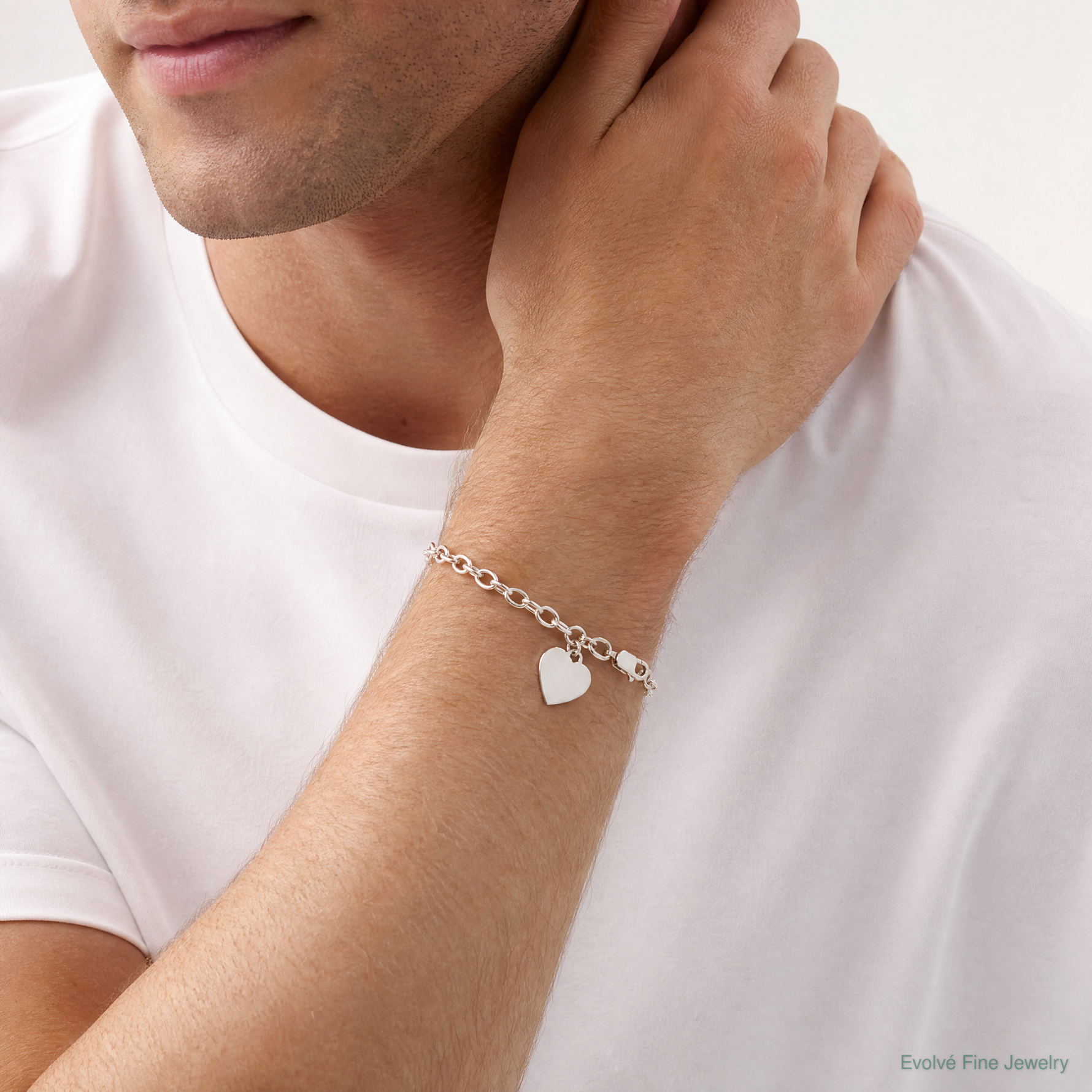 Sterling Silver Engraveable Heart Fancy Link Bracelet - Model Shot
