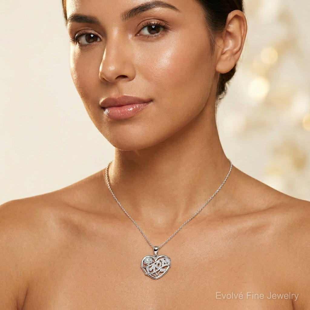 Sterling Silver Rhodium-plated MOM Necklace - Model Shot
