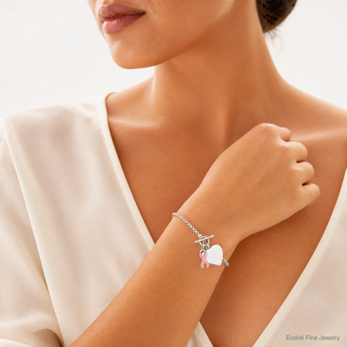 Sterling Silver Fancy Engraveable Heart with Pink Ribbon Bracelet - Model Shot