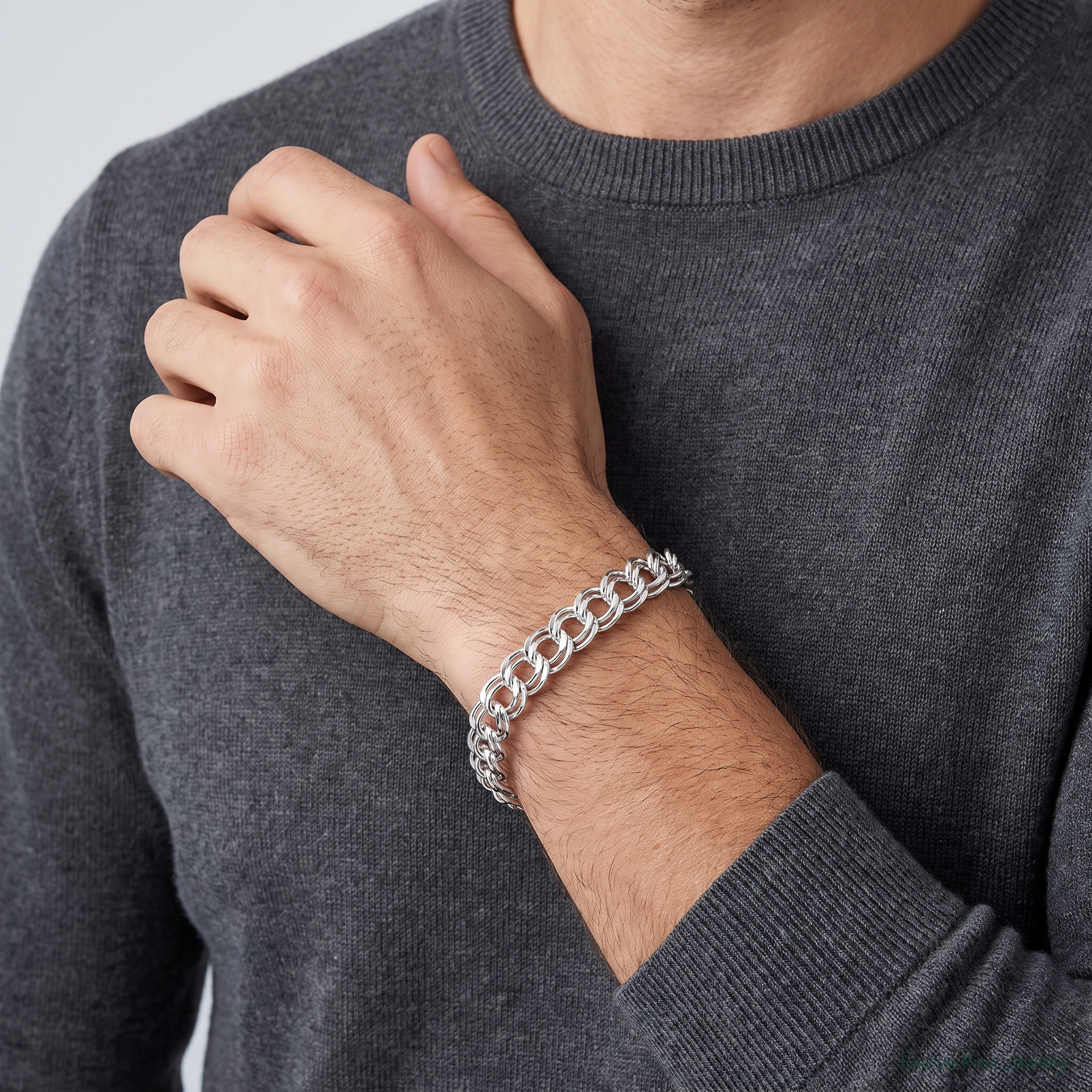 Sterling Silver 7.6mm Double Link Charm Bracelet - Model Shot