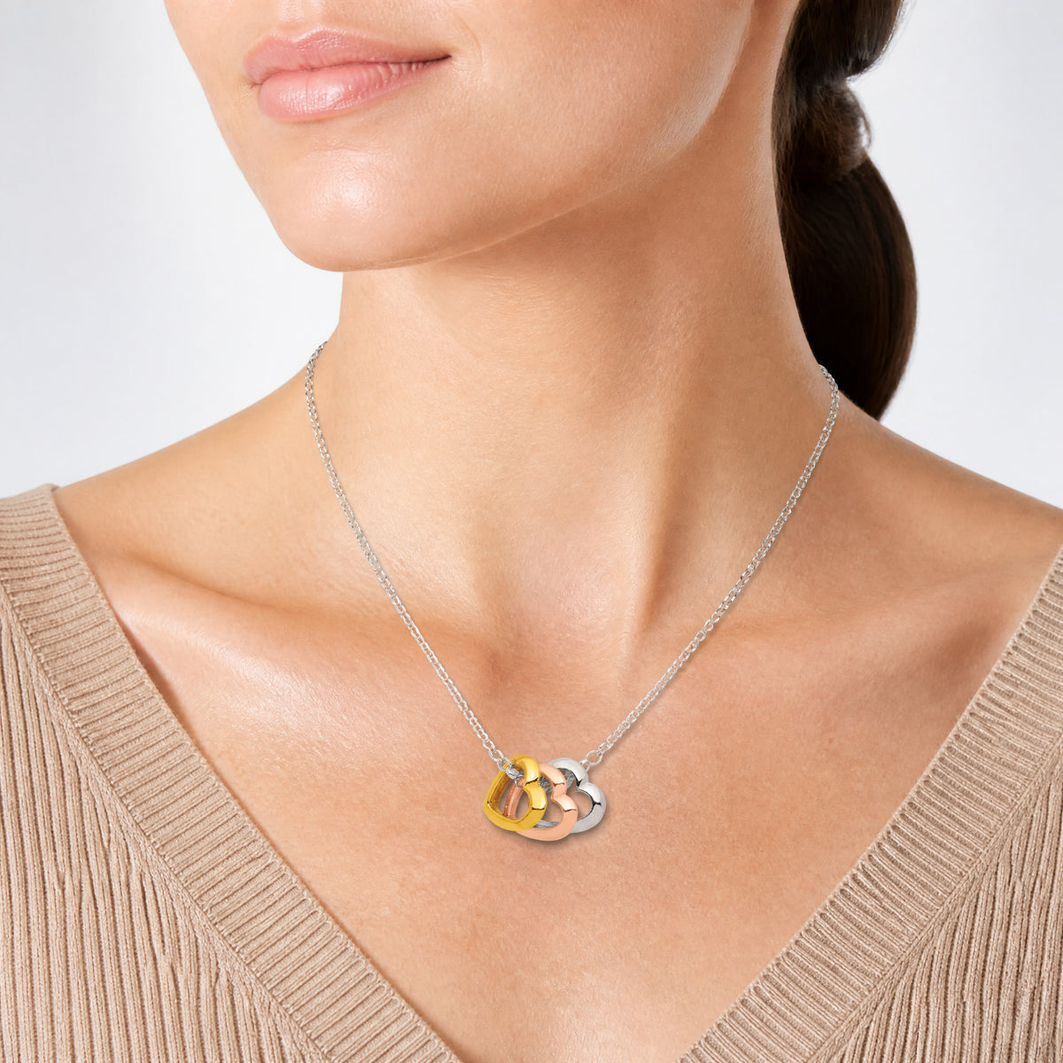Sterling Silver and Vermeil Polished Fancy 3-Heart Necklace - Model Shot