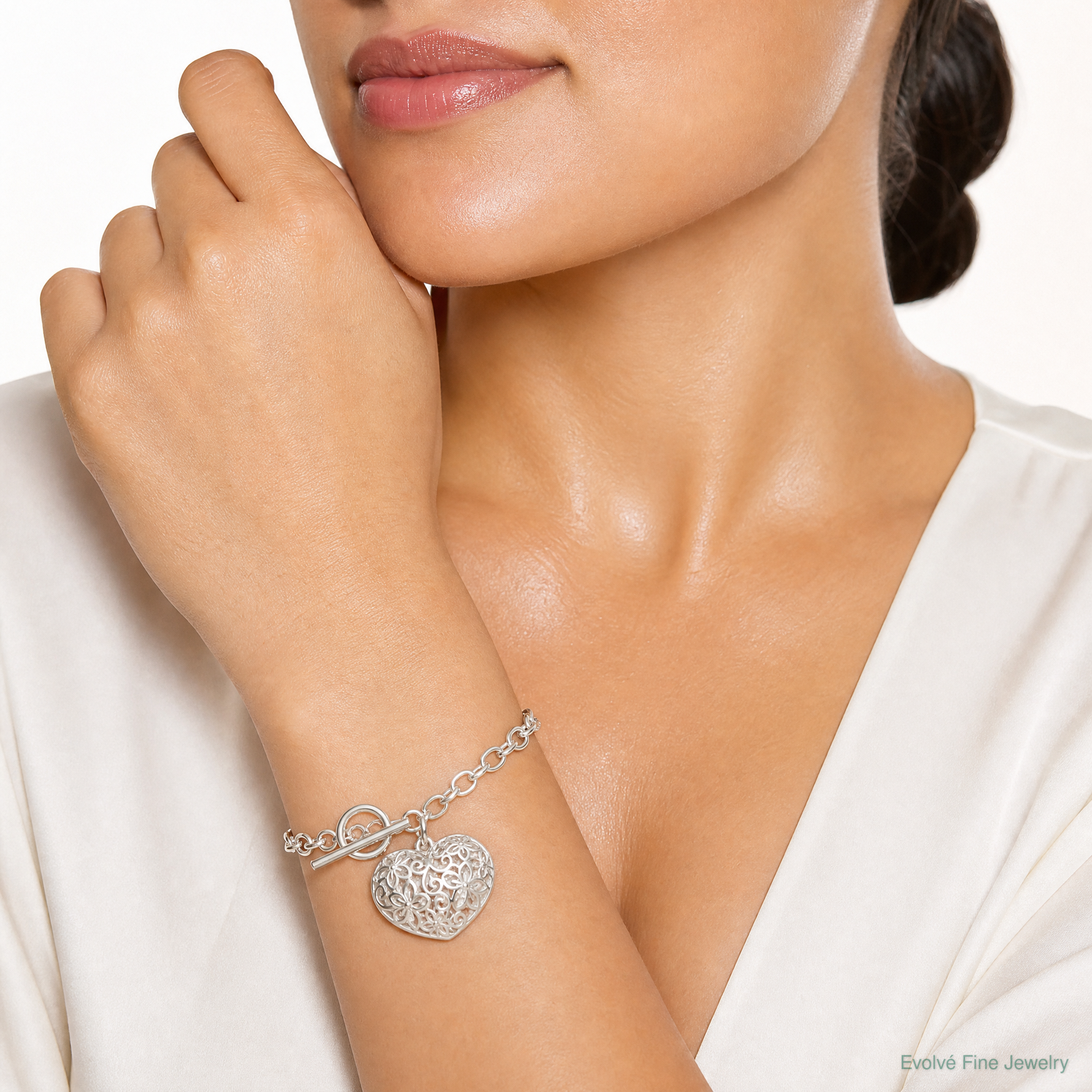 Sterling Silver Puffed Filigree Heart Toggle Bracelet - Model Shot