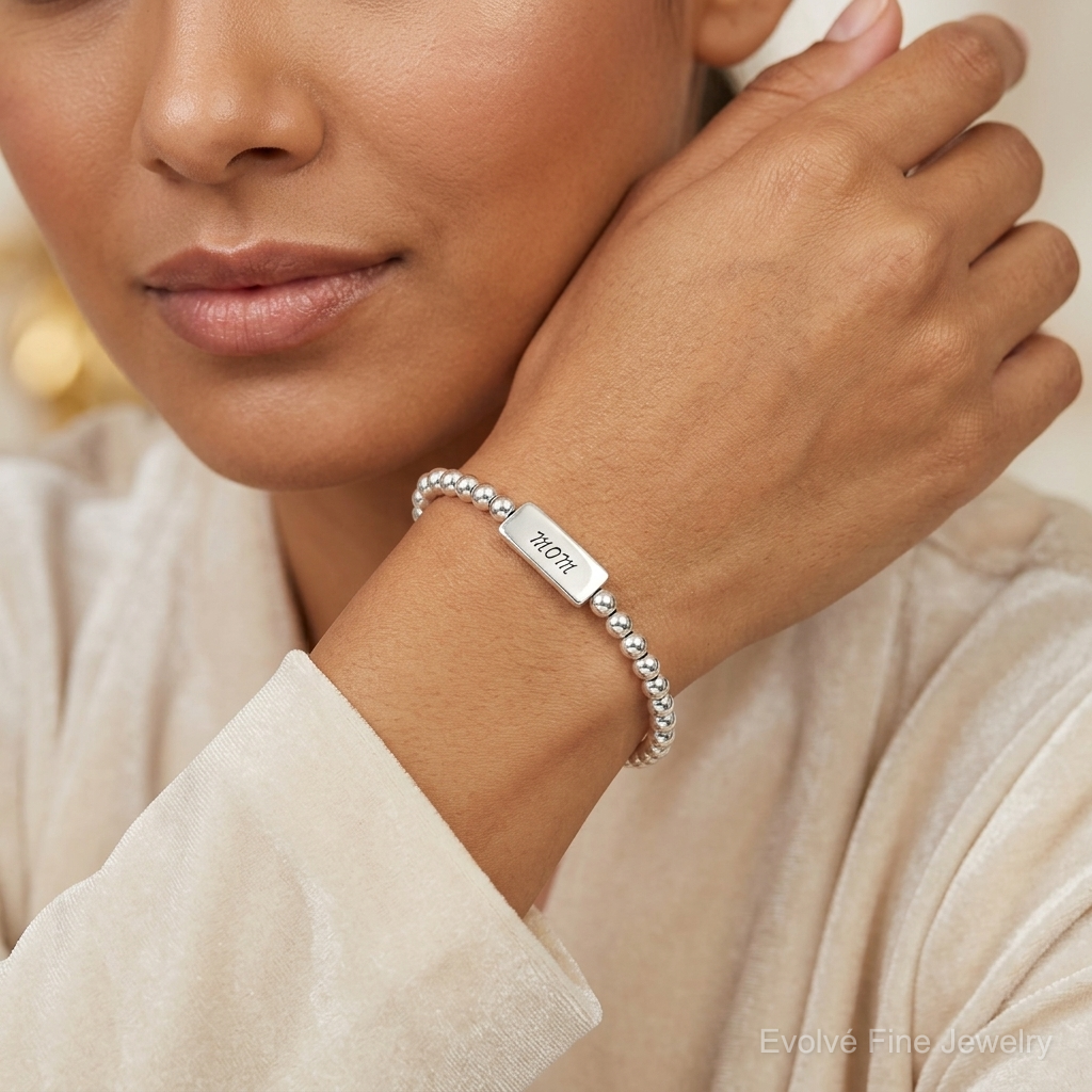 Sterling Silver Enameled MOM Stretch Bracelet - Model Shot
