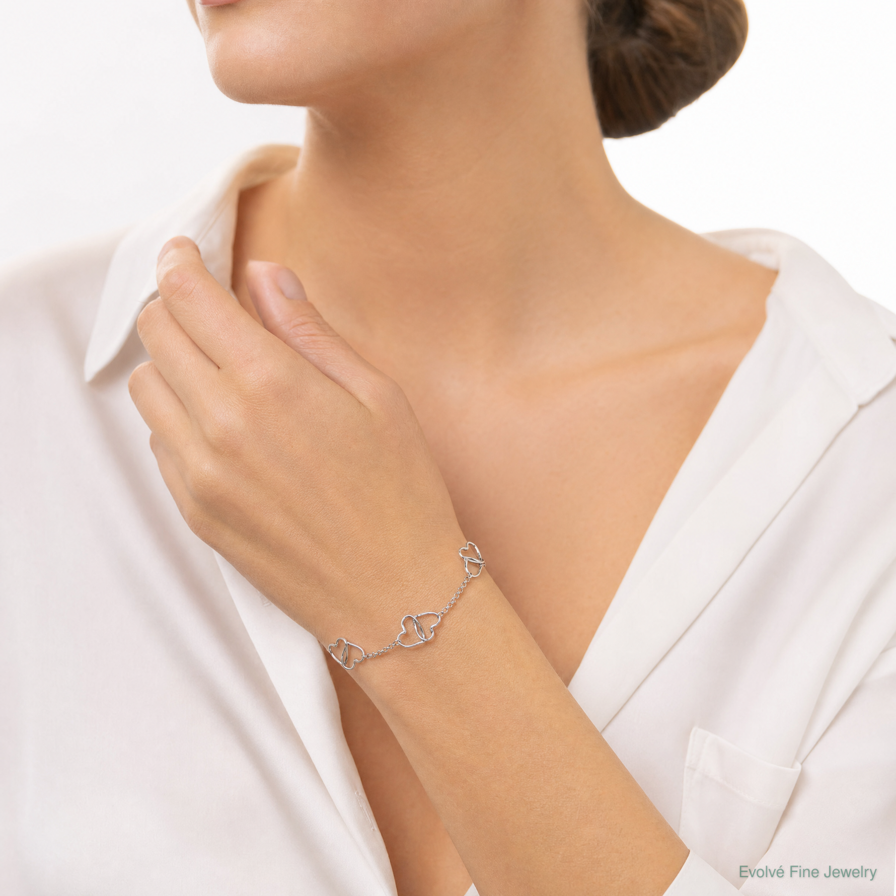 Sterling Silver Rhodium Plated Heart Bracelet - Model Shot