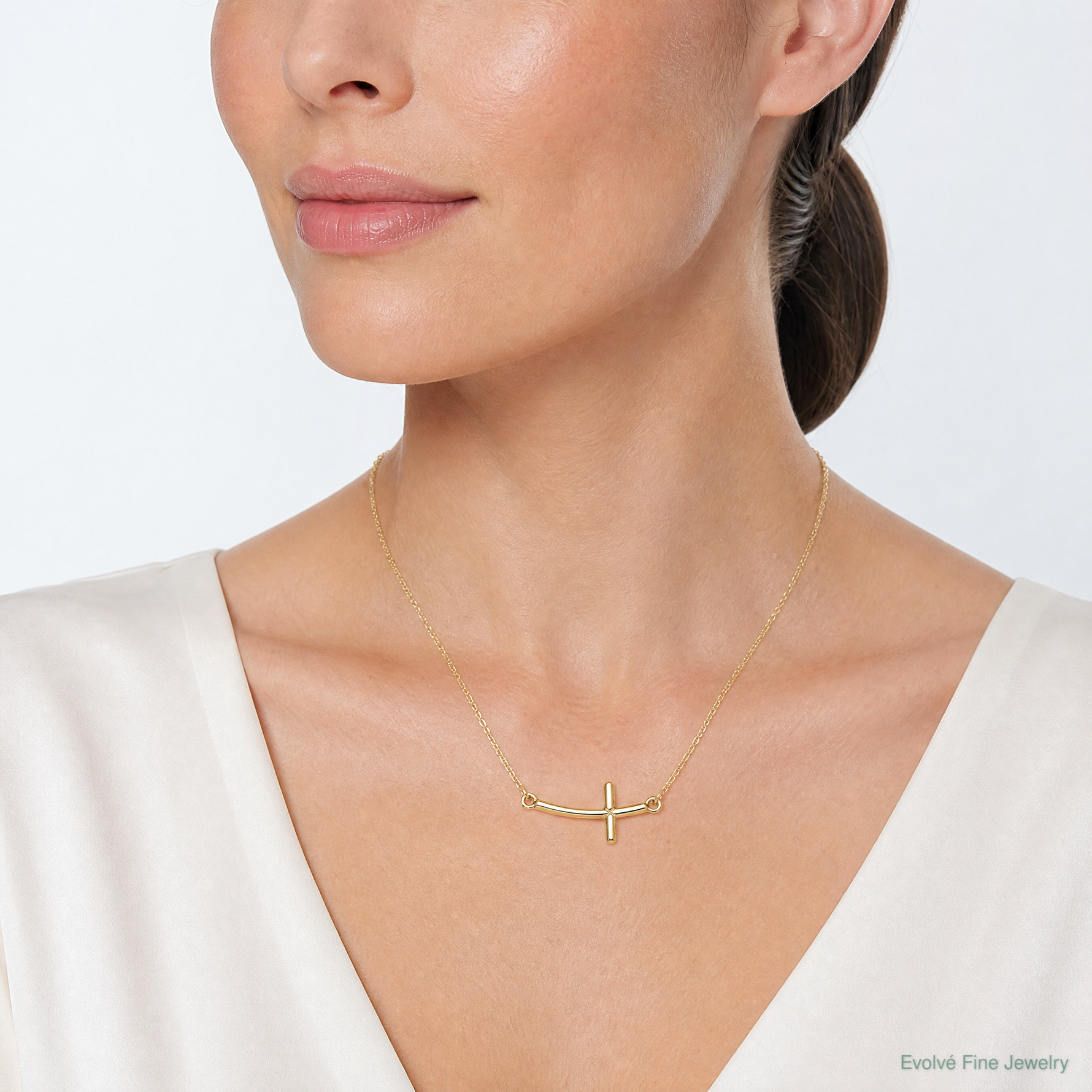 Sterling Silver YG-plated Small Sideways Curved Cross Necklace - Model Shot
