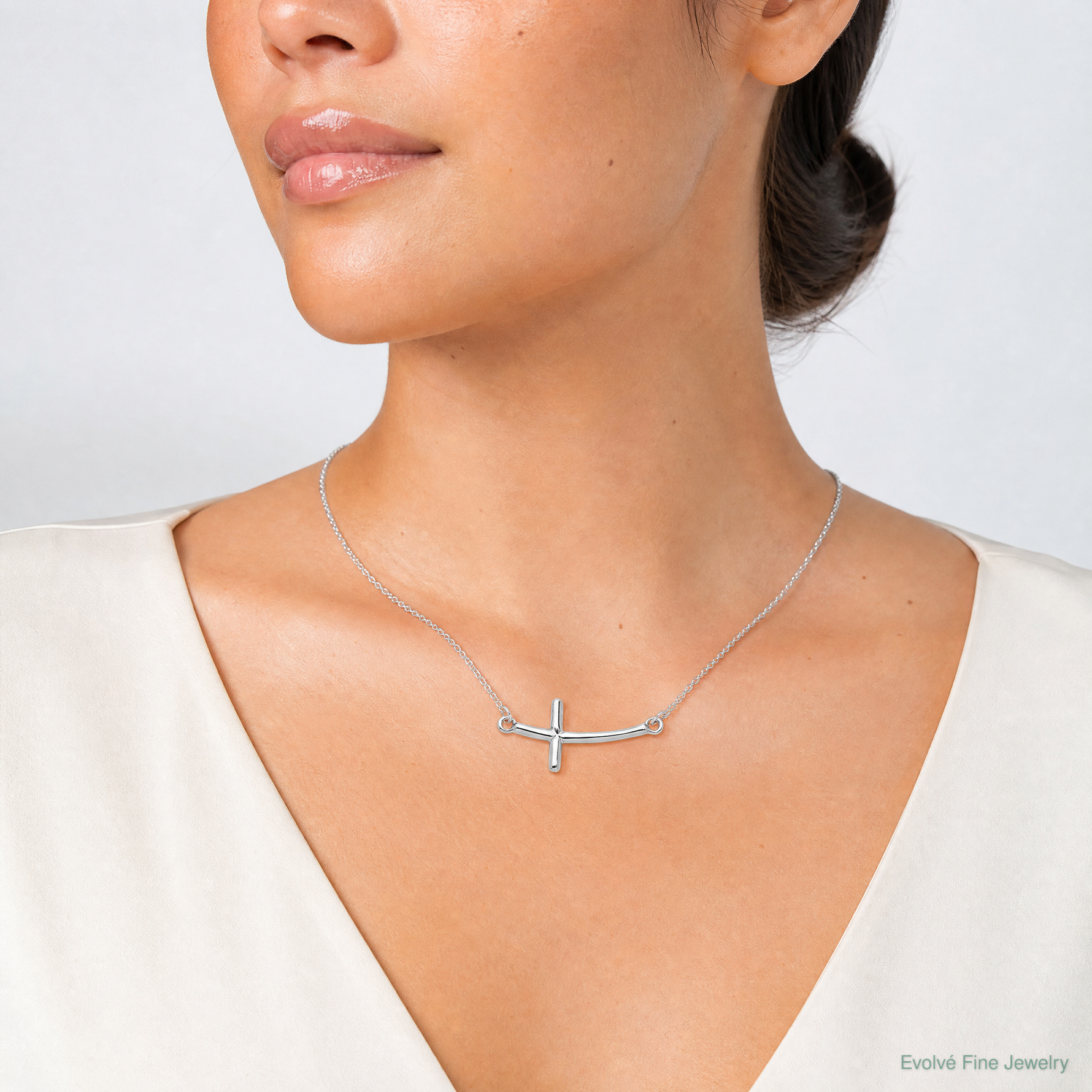 Sterling Silver Rhodium-plated Large Sideways Curved Cross Necklace - Model Shot