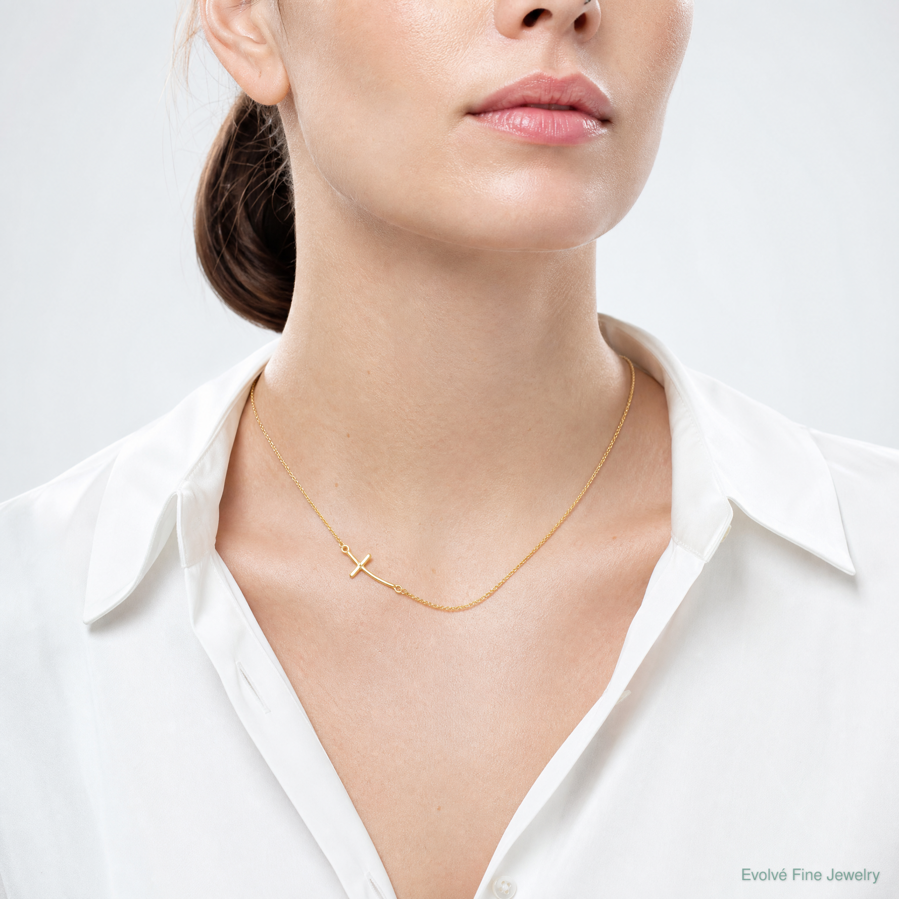 Sterling Silver YG-plated Small Off-Set Sideways Curved Cross Necklace - Model Shot