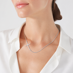 Sterling Silver Rh-plated Large Off-Set Sideways Curved Cross Necklace - Model Shot