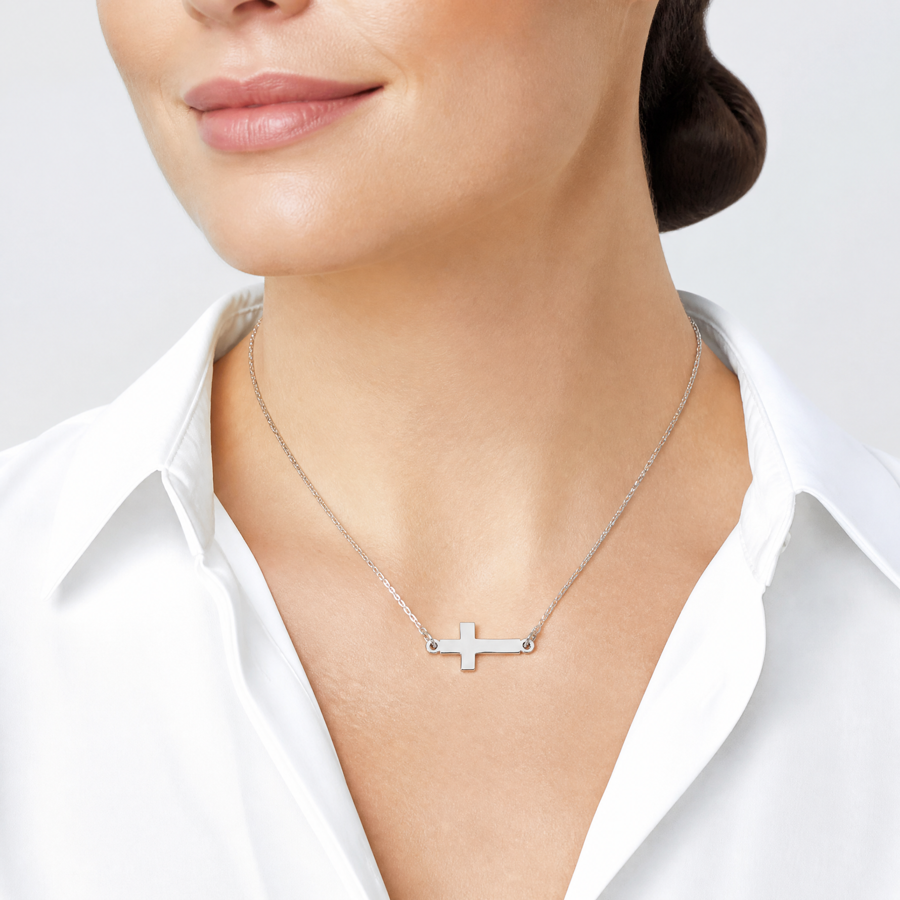 Sterling Silver Rhodium-plated Small Sideways Cross Necklace - Model Shot