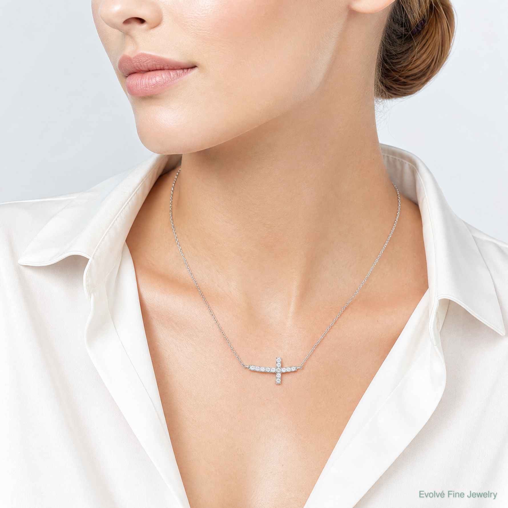 Sterling Silver Rhodium-plated CZ Sideways Cross w/2in Ext Necklace - Model Shot