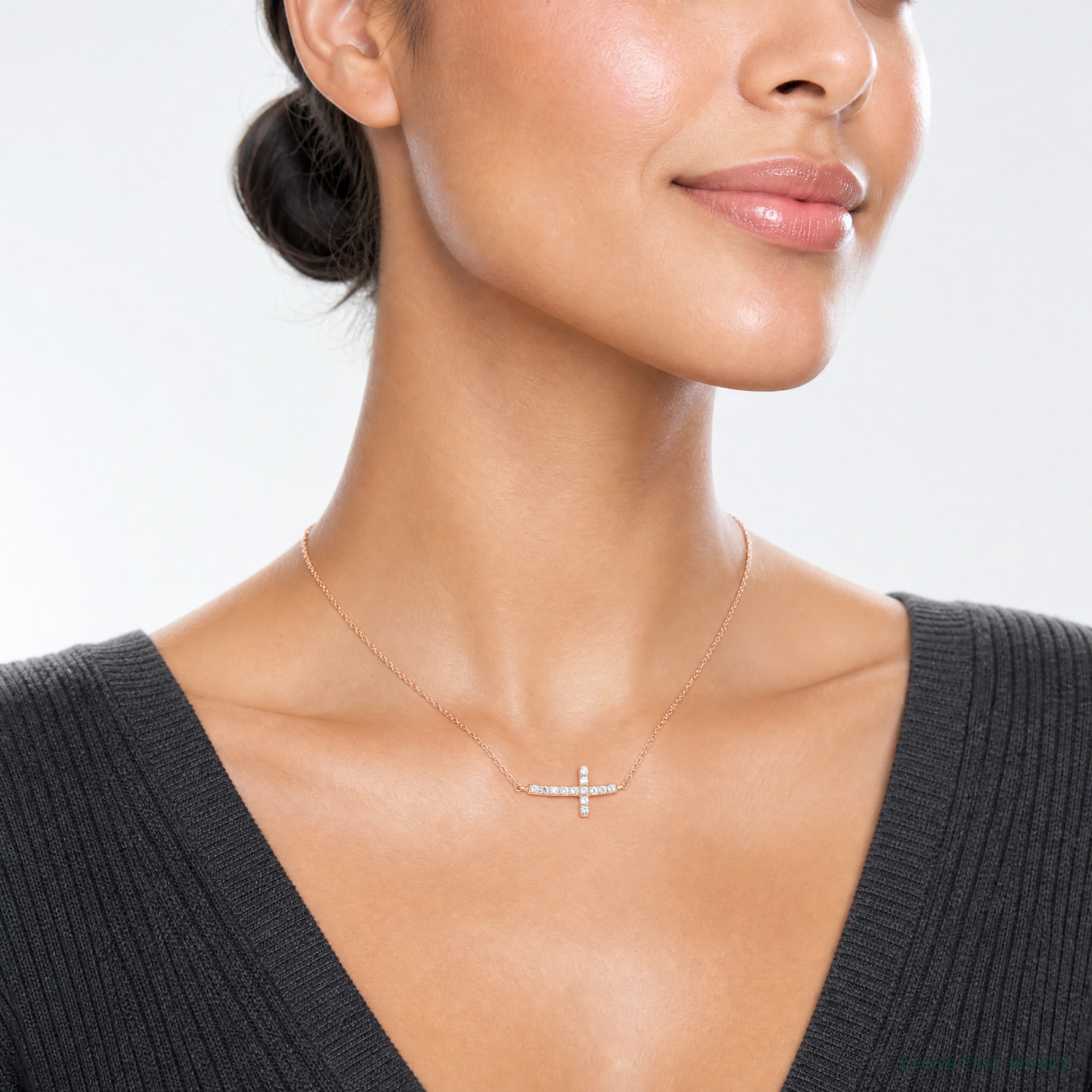 Sterling Silver Rose Gold-plated CZ Sideways Cross w/2in Ext Necklace - Model Shot