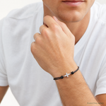 Sterling Silver Rhodium-plated CZ Cross Black Leather Adjustable Bracelet - Model Shot