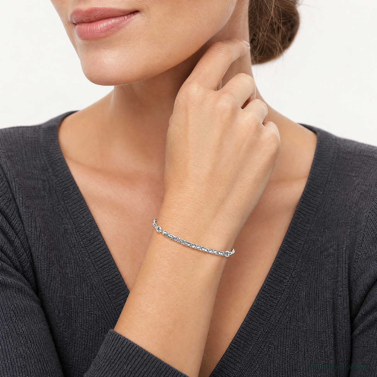 Sterling Silver Antiqued Filigree Drops Adjustable Bracelet - Model Shot