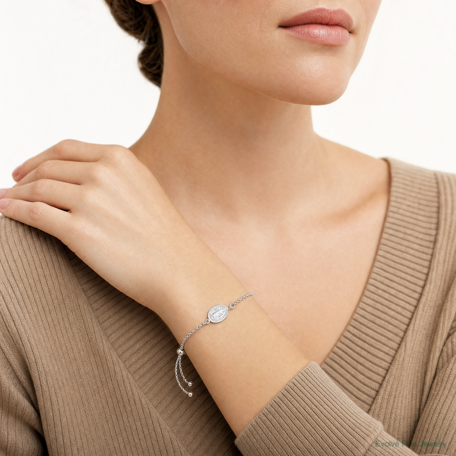 Sterling Silver Rhodium-Plate Miraculous Medal Adjustable 4-9in Bracelet - Model Shot