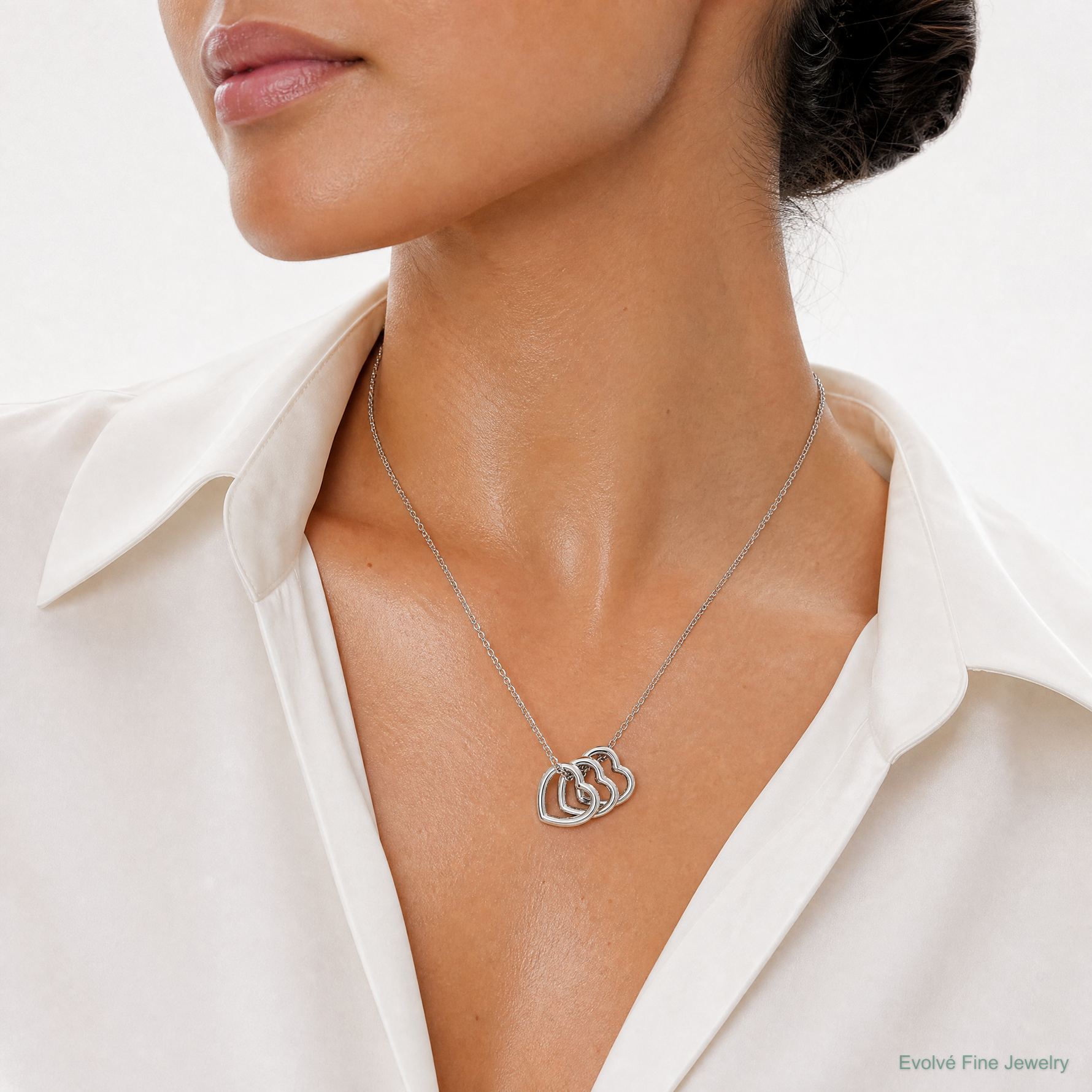 Sterling Silver Rhodium-plated 18in Hearts Necklace - Model Shot