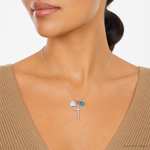 Sterling Silver Rhodium-plated Created Blue Opal Cross Necklace - Model Shot