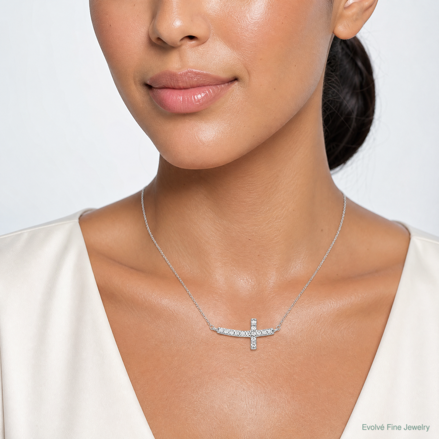 Sterling Silver Rhodium-plated CZ Sideways Cross w/2 inch ext Necklace - Model Shot