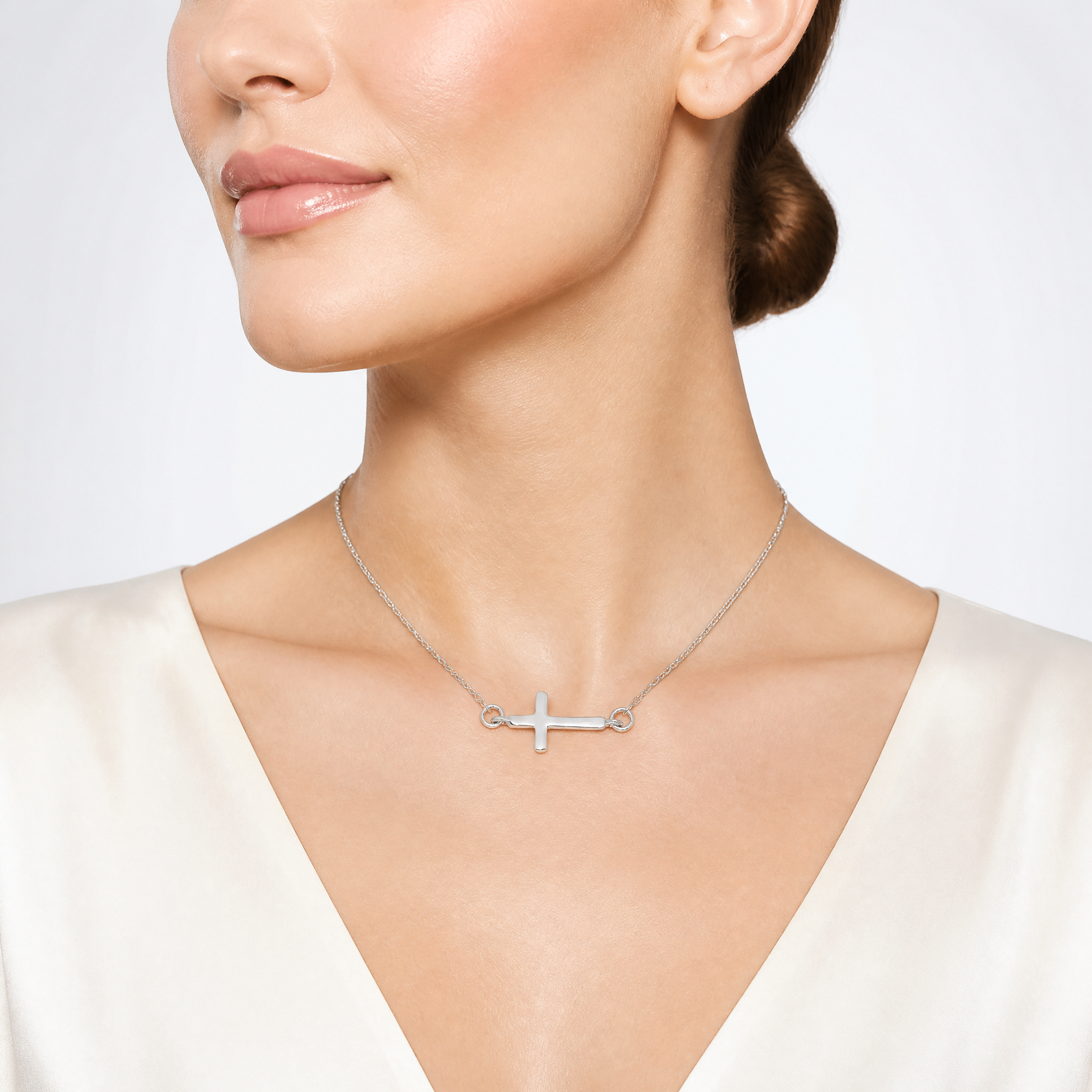 Sterling Silver Rhodium-plated w/ 2in ext. Sideways Cross Necklace - Model Shot