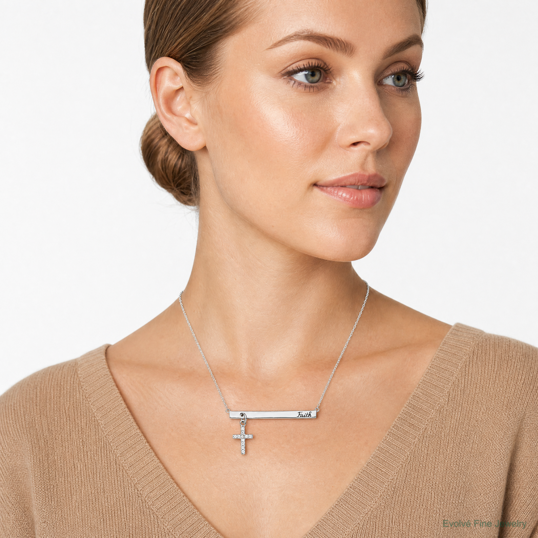 Sterling Silver RH-plated CZ Cross Enamel FAITH 16in w/2inext. Bar Necklace - Model Shot
