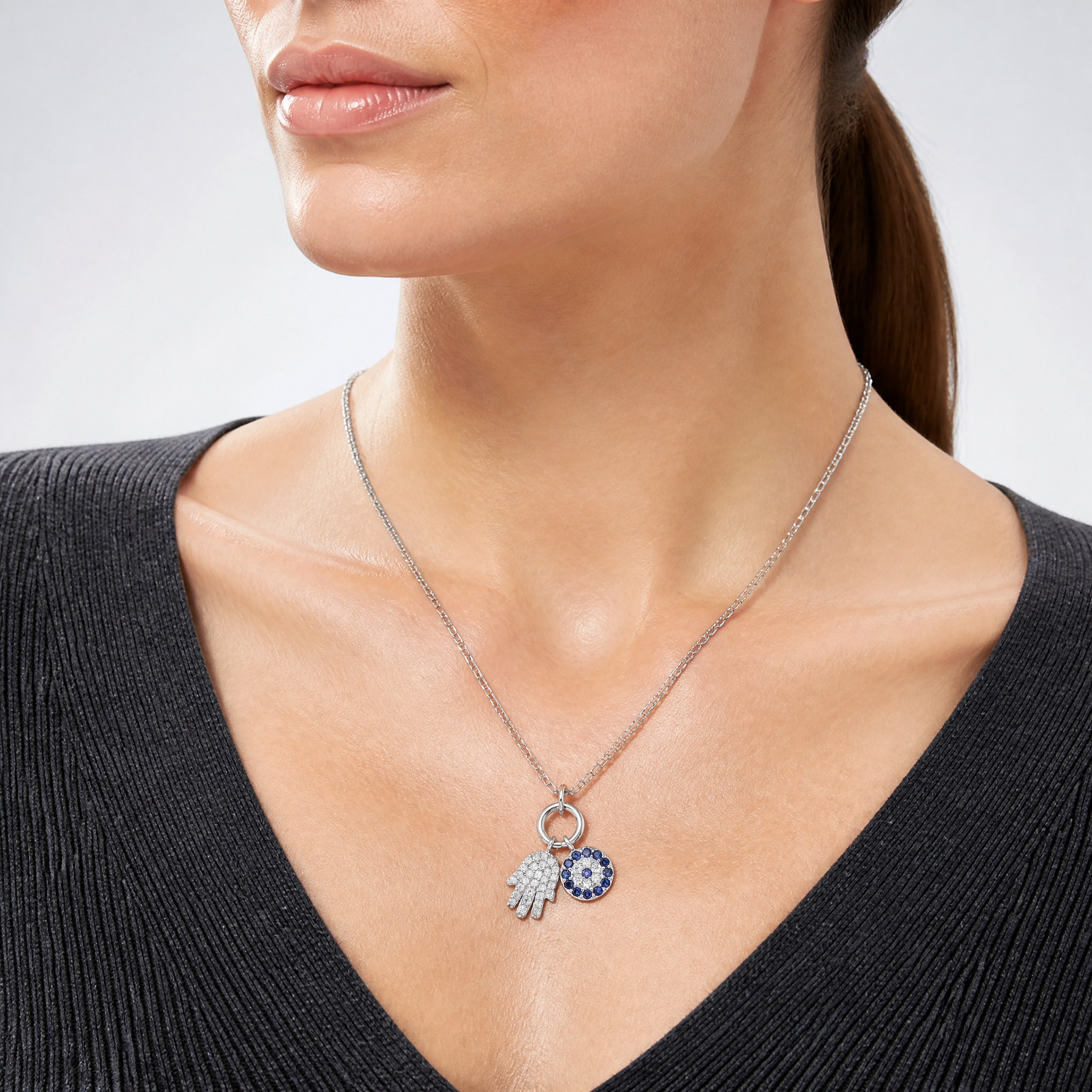 Sterling Silver Rhod-plated CZ Eye and Hamsa Charm Necklace - Model Shot