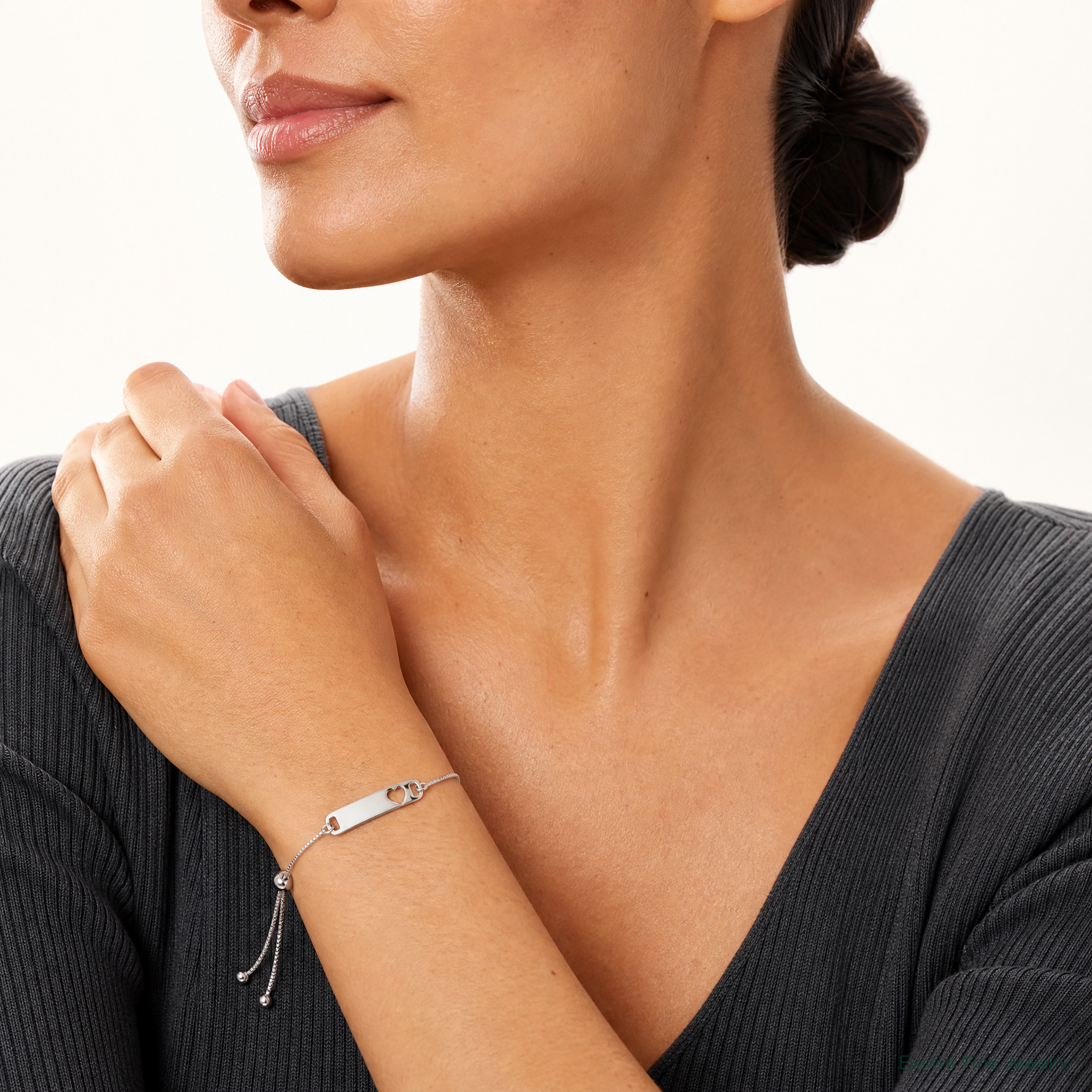 Sterling Silver Polished Bar w/ Heart Adjustable Bracelet - Model Shot