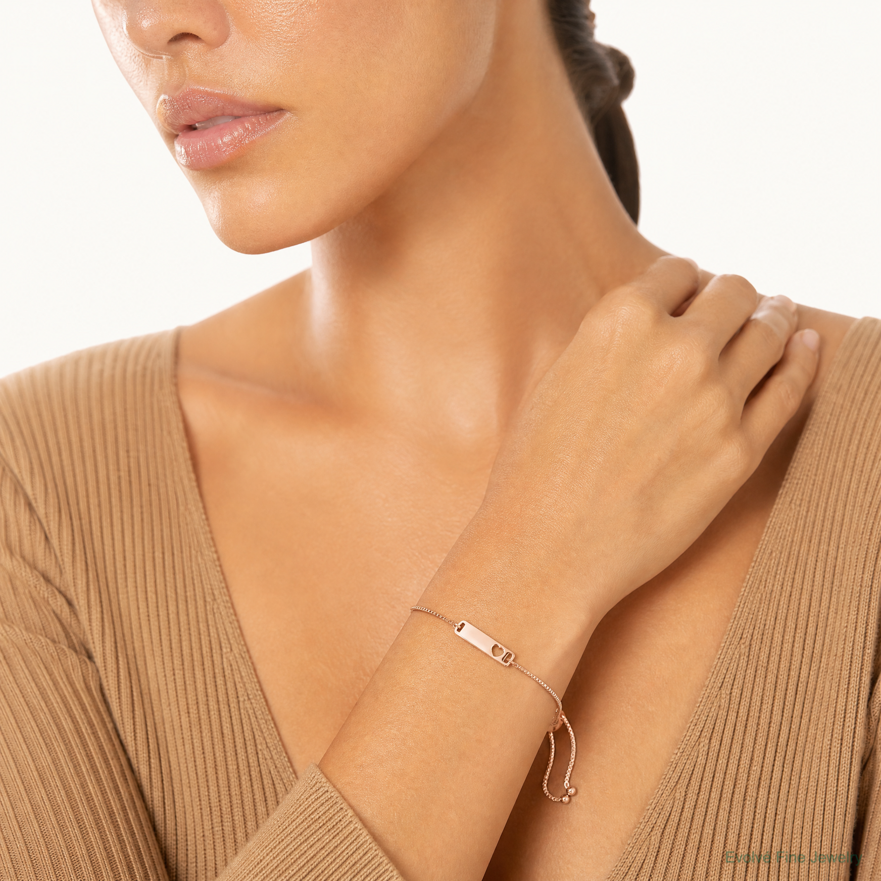 Sterling Silver Rose Gold-tone Polished Bar w/ Heart Adjustable Bracelet - Model Shot