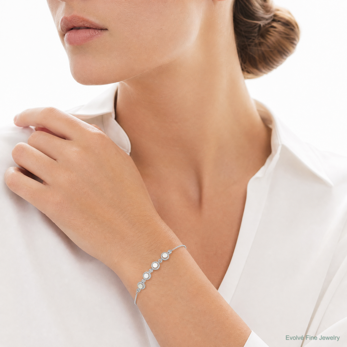 Sterling Silver RH-plated Created Opal and CZ Adjustable Bracelet - Model Shot