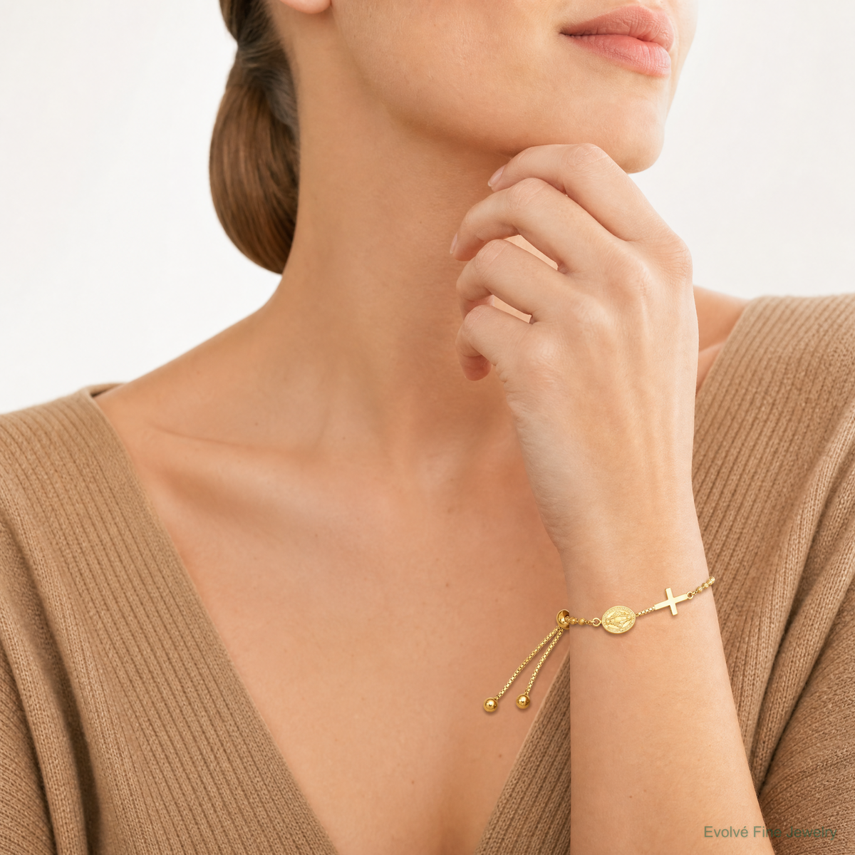 Sterling Silver Gold-tone Miraculous Medal Adjustable Bracelet - Model Shot