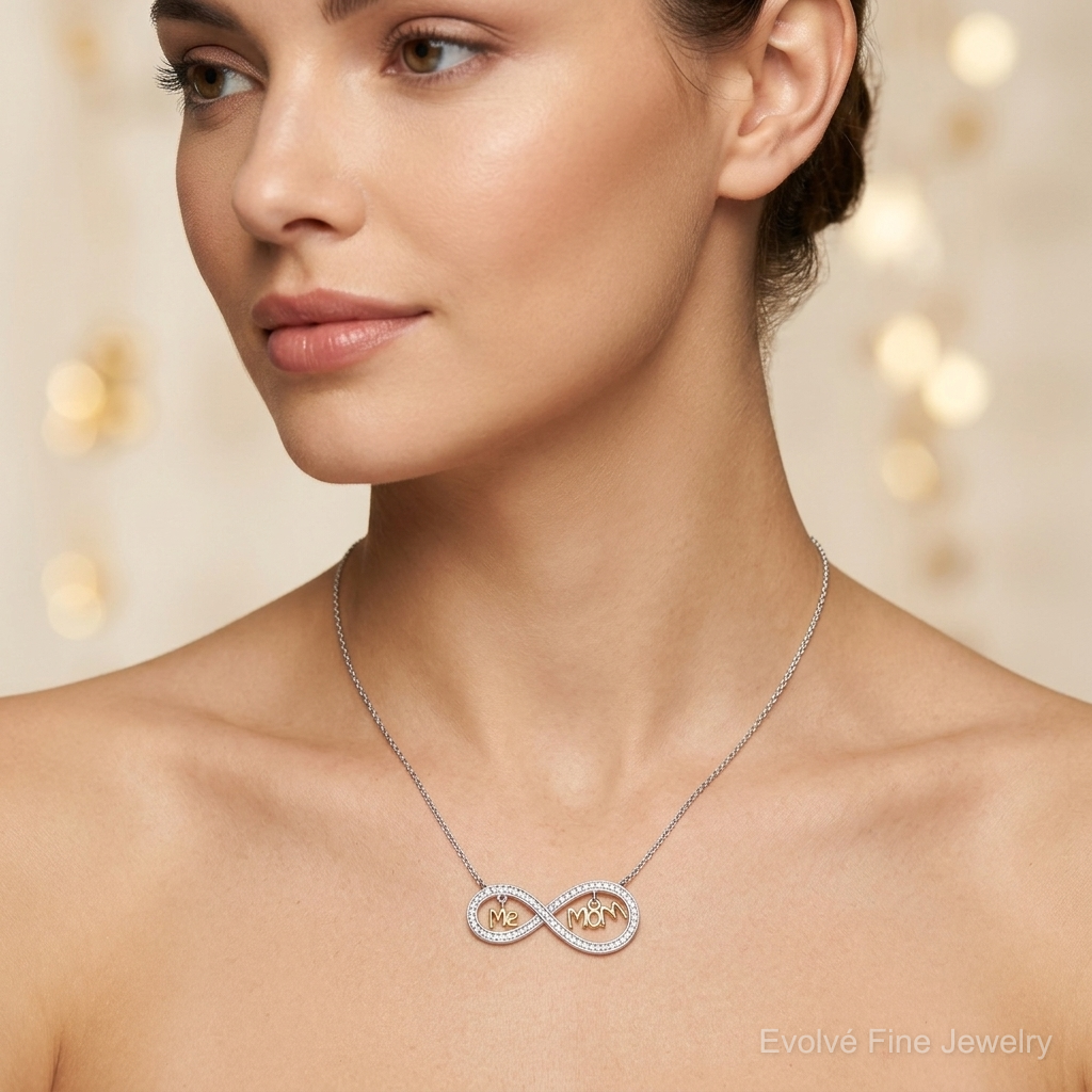 Sterling Silver Gold-plated MOM and ME CZ Infinity Necklace - Model Shot